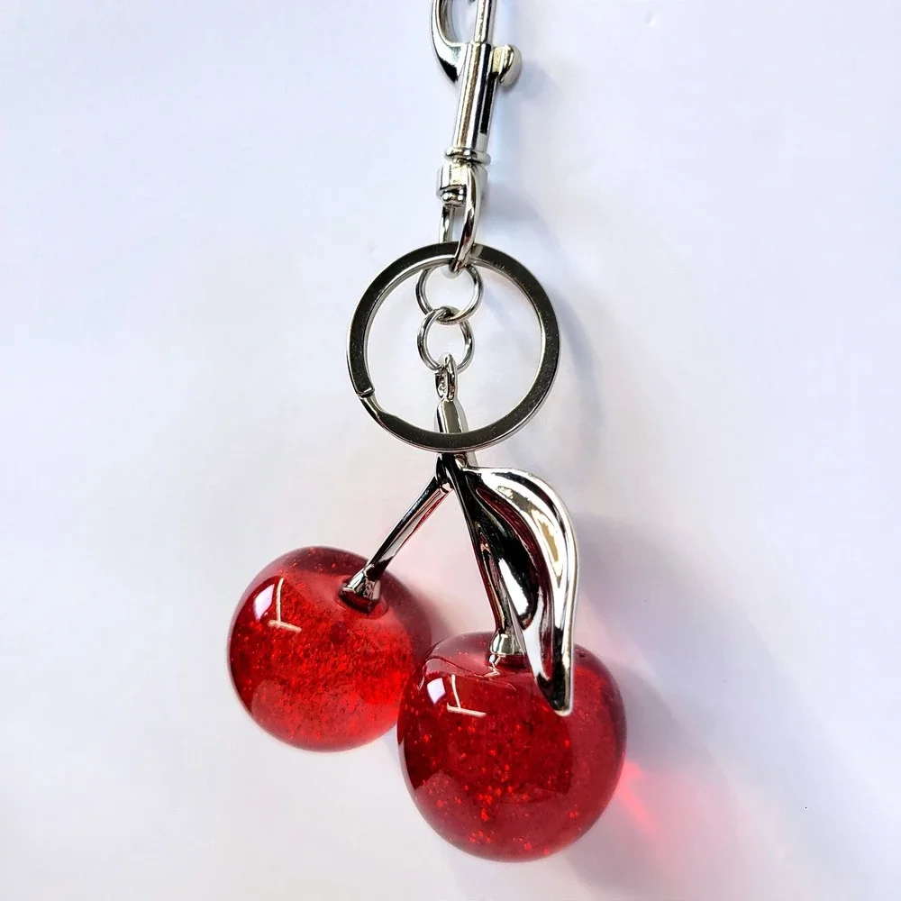 Bag Charm- Keychain Glitter Resin Double Cherry Red Women Rockabilly Kawaii Fun
